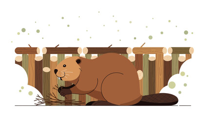 Busy Beaver Constructing A Dam With Logs And Branches On White Backdrop