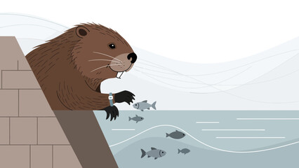 Busy Beaver With Watch Fishing By The Dam Catching Fish In Stream Illustration