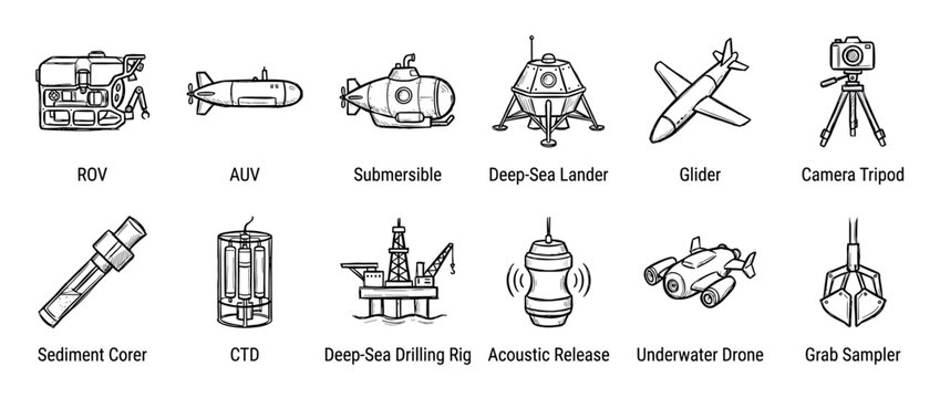 Hand-drawn set of deep-sea exploration icons showing various oceanography equipment like an ROV, submersible, drilling rig, and samplers in a black and white doodle illustration style