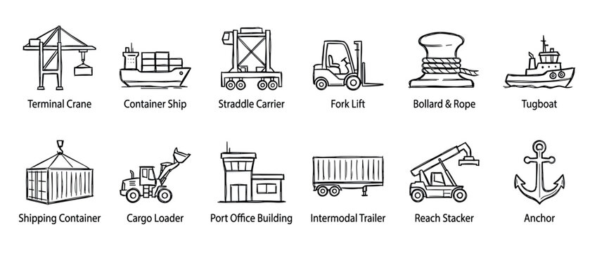 Hand-drawn shipping and logistics icon set with labels, featuring a crane, container ship, forklift, and tugboat in a simple black and white line art doodle style illustration