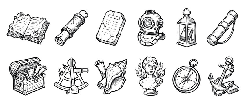 Set of hand-drawn nautical adventure icons including a compass, anchor, treasure chest, sextant, and spyglass in a vintage black and white sketch illustration style