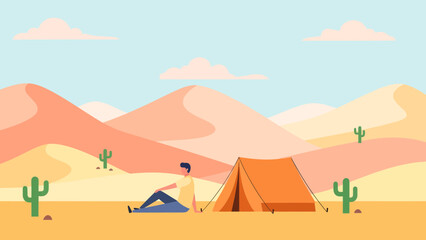 Camp In Serenity Desert Escape Man With Tent Beneath Calm Sky And Dunes