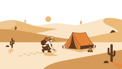 Camp In The Desert With Adventurer Preparing Seeds And Planting For The Future
