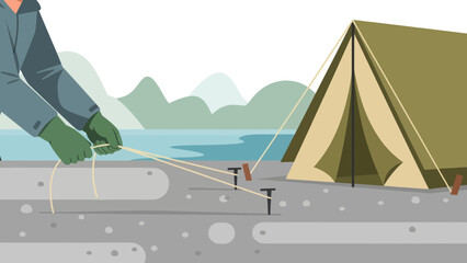 Camp Setup At Lakeside With Tent Staked To Ground For Secure Shelter