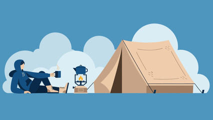 Camper Enjoying Morning Beverage Beside Tent Within Tranquil Outdoor Setting