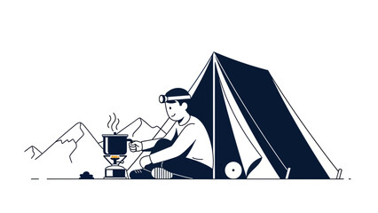 Camper Enjoying A Hot Meal During An Outdoor Adventure In Front Of His Tent