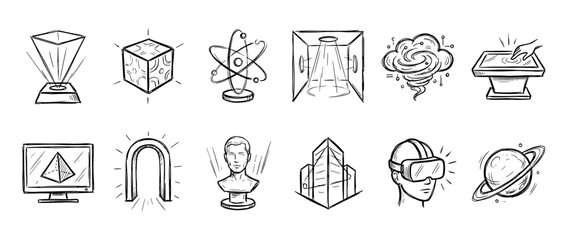 Set of hand-drawn technology icons in a black and white sketch style, featuring virtual reality, holograms, science, and futuristic concepts for innovation and metaverse themes