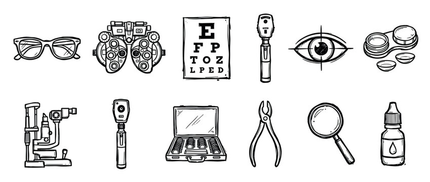 Hand-drawn collection of ophthalmology and optometry equipment icons including a phoropter, eye chart, glasses, and contact lenses in a simple black and white doodle illustration
