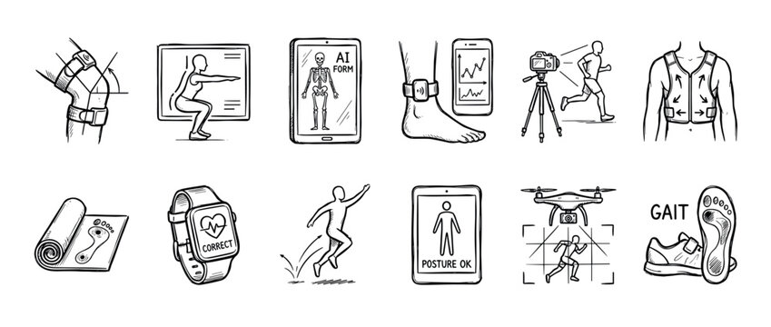Hand-drawn icon set of biomechanics technology for sports science, showing gait analysis, posture correction, AI form tracking, and wearable fitness sensors in a doodle sketch style
