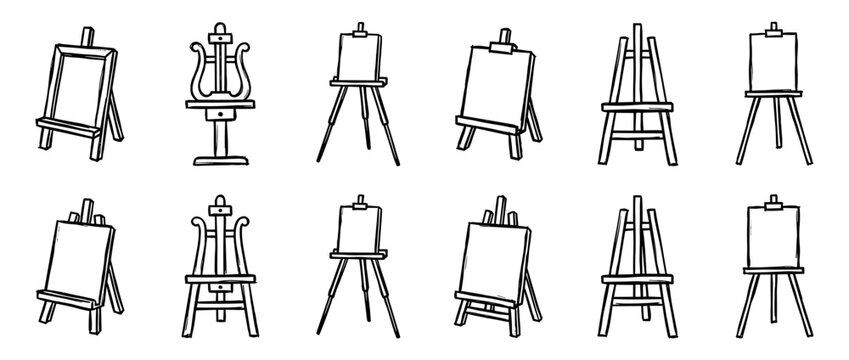 Collection of hand-drawn black line art easels in various styles, including tripod, lyre, and H-frame designs for painting and drawing in a minimalist doodle icon set