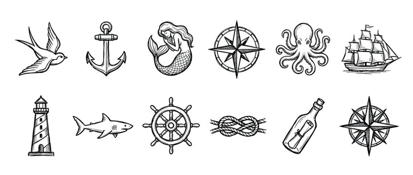 Collection of twelve nautical sketch icons including a mermaid, anchor, octopus, sailing ship, lighthouse, and compass rose in a classic hand-drawn tattoo style