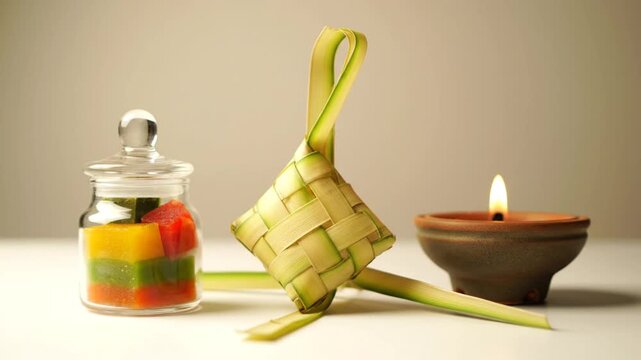 Traditional Hari Raya celebration elements featuring ketupat, colorful jellies, and a flickering