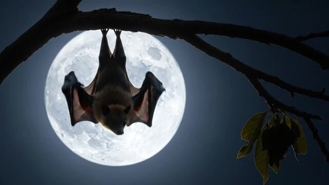 Bat Hanging Against Full Moon Silhouette Night Sky