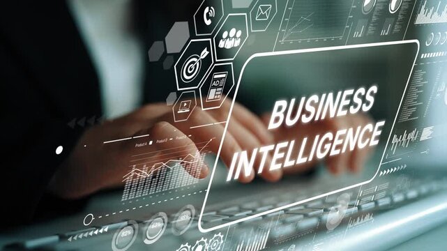 Business Intelligence Concept Demonstration with Data Analysis and Digital Technology in Modern Office Environment. Asymptotic smart data analytic.