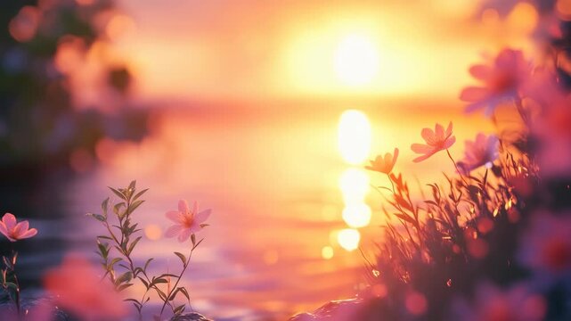 A serene sunset video scene with a low-angle view of pink flowers by a tranquil lake, capturing warm, glowing light and soft bokeh effects. Live desktop wallpaper.