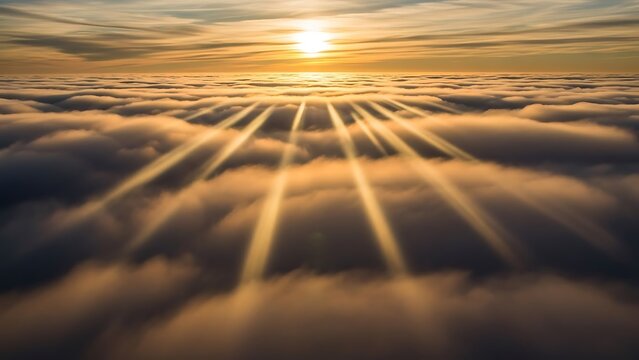 Spectacular sunbeams breaking through thick clouds over an aerial view of the horizon - Powered by Adobe