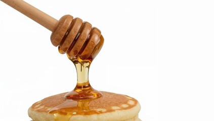 Honey dipper drizzling golden honey over mini pancake stack on white background for breakfast or dessert concept