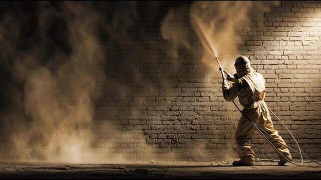 Worker in protective gear sandblasting brick wall