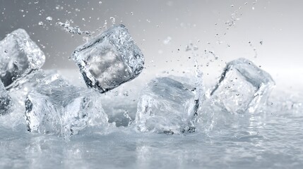 Obraz premium Dynamic Water Splash with Ice Cubes on a Light Gradient Background