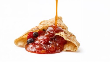 Homemade crepe with mixed berry fruit compote and syrup drizzle on white background, dessert filled with fresh berries