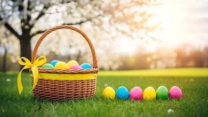 Easter basket and eggs in a grassy field with a tree