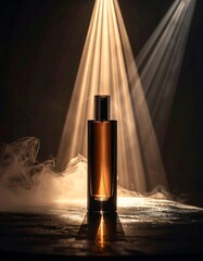 Naklejka premium Elegant Brown Perfume Bottle Standing on Reflective Surface with Smoke and Spotlight