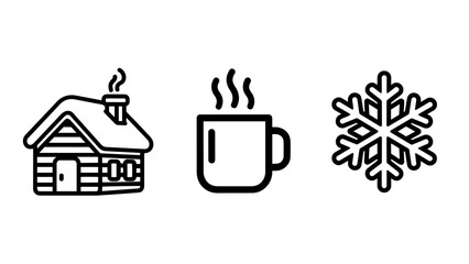 Obraz premium Simple line art icons of a log cabin, steaming mug, and snowflake evoking cozy winter scenes