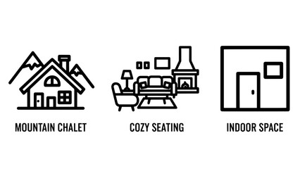 Fototapeta premium Cozy mountain retreat icons: chalet, fireplace seating area, indoor space, representing a warm and comfortable mountain getaway in a minimalist line art style.