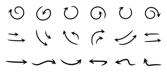 Arrow icons set in flat style. Curved arrows. Arrow sign, direction, rotation, up, upward, down, upward arrow symbols, vector illustrations on a transparent background.