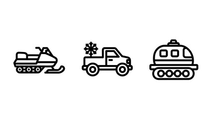 Winter vehicle icons: Snowmobile, pickup truck with snowflake, and tracked vehicle.