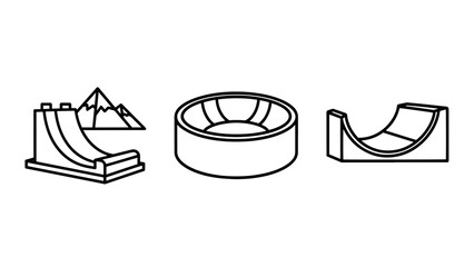 Winter sports icons: Ski jump with mountains, snowpark halfpipe, and circular ramp.