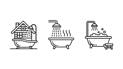Bath icons: Bathtub with shower, steaming tub with showerhead, and bubbly bath with stool.