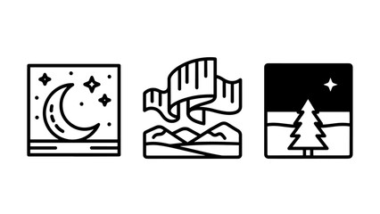 Night sky icons: Moon and stars, aurora borealis over mountains, and starry night landscape.