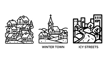Winter village icons: Houses on hill, church, and city skyline with trees and icy streets.