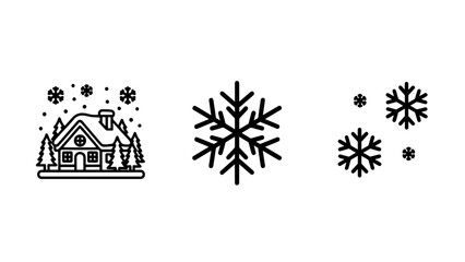 Winter icons: snowflake, house in snow with trees, and falling snow dots