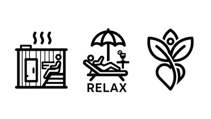 Relaxation and wellness icons: sauna, person relaxing on lounger, and spa logo