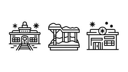 Winter Transportation and Architecture Icons: Snow-Covered Train Station, Bridge, and Building Outline Illustrations