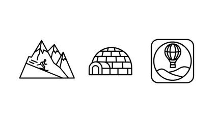 Winter Sports and Unique Travel Adventure Icons: Mountain Skier, Igloo Home, and Hot Air Balloon Flight Outline