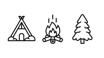 Rustic Outdoor Camping and Nature Icons: Classic Tent, Warm Campfire, and Evergreen Pine Tree Outline