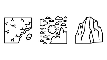 Geological Formations and Earth Science Icons: Cracked Terrain, Asteroid Impact Crater, and Rugged Mountain Range Outline