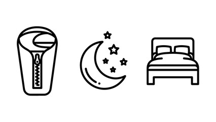 Rest and Sleep Icons: Cozy Sleeping Bag, Night Sky Moon with Stars, and Comfortable Bed Outline