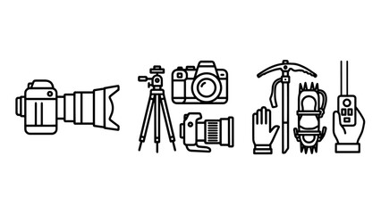 Comprehensive line art icons for professional photography gear and essential mountaineering equipment for extreme outdoor adventures.