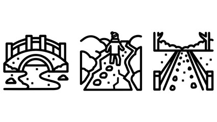 Diverse line art icons featuring an arched bridge, a person traversing cracked terrain, and a winding path, symbolizing journeys and challenges.