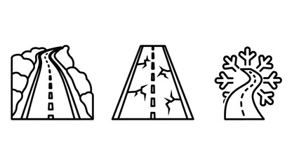 Scenic line art icons illustrating diverse roads, from winding mountain paths and cracked asphalt to snowy winter routes for travel.
