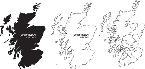 Scotland map illustrations in black and white solid and line art geographic outline detailed vector graphics © Meizan 