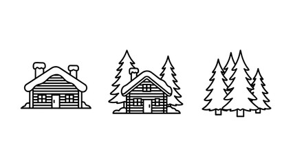 Charming line art icons showcasing cozy winter cabins and serene pine trees, evoking a sense of snowy wilderness and holiday retreats.