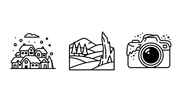 Beautiful outline icons portraying a charming winter village, serene mountain landscapes, and a camera capturing snowy scenes.