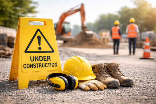 Plac budowy z tablicą ostrzegawczą, kaskiem ochronnym i rękawicami na ziemi