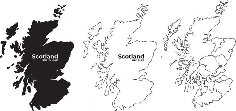 Scotland map illustrations in black and white solid and line art geographic outline detailed vector graphics
