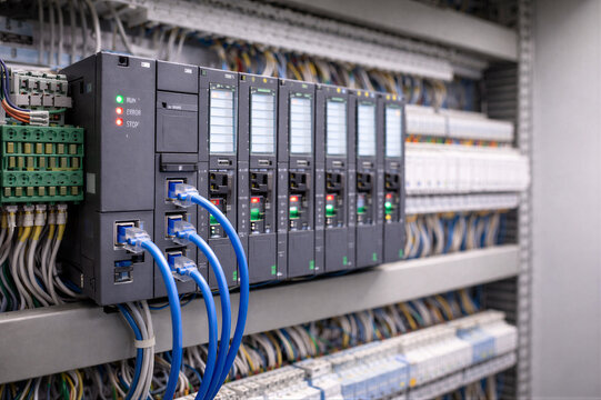 Sterownik PLC w szafie sterowniczej z okablowaniem w nowoczesnej instalacji przemysłowej